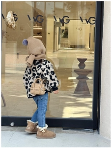 Toddler fall outfit featuring leopard fleece jacket and mini khaki handbag set