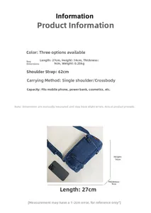 Guide des tailles du sac en jean avec dimensions 27x14x9cm et bandoulière de 62cm