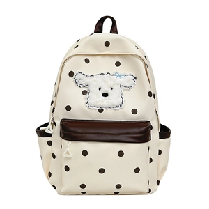 Sac à dos enfant crème à pois avec une broderie peluche de chiot blanc style mignon