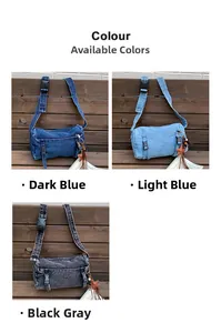 Détail du sac bandoulière en denim avec sangle réglable, boucle et pendentif étoile