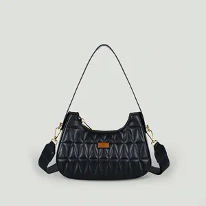 Quilted PU Leather Underarm Hobo Bag For Women Geometric Pattern Golden Hardware Double Straps Daily Commute Fashion