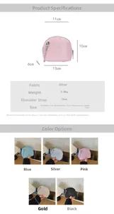 Detailed dimension chart and color guide for kids sequined shell-shaped mini chain bag