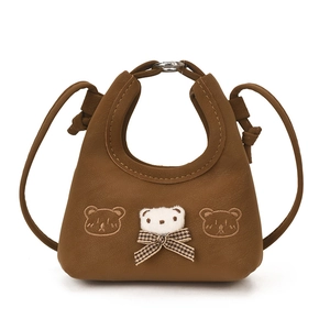 Mini brown cartoon bear handbag for girls with bow and adjustable crossbody strap