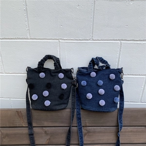 Women Denim Bucket Bag With Pom Pom Plush Balls Large Capacity Shoulder Crossbody Handbag Korean Casual Style