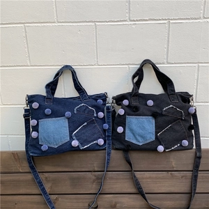 Borsa Tote In Denim Da Donna Patchwork Borsa A Spalla Decorazione Pom-Pom Grande Capacità Tracolla Regolabile