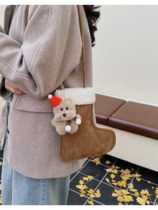 Winter crossbody bag in Christmas sock shape with a cute plush bear pendant and fur trim