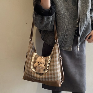 Plaid canvas shoulder bag with plush bear charm and faux leather trim for kids