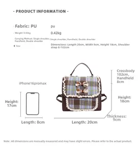 Detailed dimensions of check pattern mini backpack with size comparison to smartphone