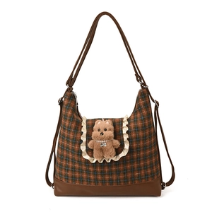 Brown plaid tote bag for kids with ruffle pocket and cute plush bear pendant accessory