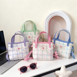 Kinder Mädchen Umhängetasche Süße Spitze Schleife Herz Muster Kariert Handtasche Nylon Stoff Kleinkind Kleine Geldbörse