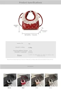 Detailed view of mini polka dot PU leather bag with delicate lace collar and color options