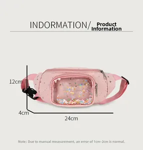 Dettaglio del marsupio rosa per bambini con stelle, paillettes colorate e misurazioni