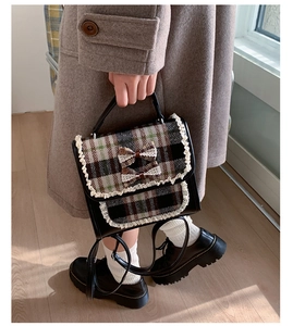 Detail of plaid kids backpack with lace trim and bow accents in vintage academic style