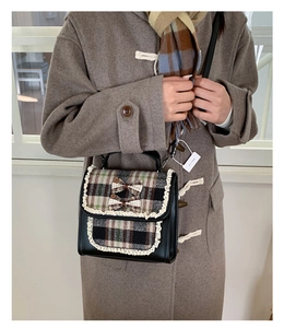 Detail of plaid mini backpack with lace trim and bow on model for size reference