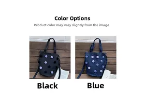 Detail of denim tote bags in black and blue with trendy plush polka dot textures