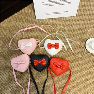 Kids Heart Shaped Crossbody Bag PU Leather Bowknot Decor Sweet Shoulder Purse For Little Girls Toddlers