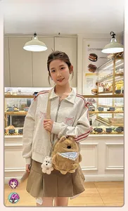 Close-up of a cute brown plush puppy crossbody bag with a bib on a gray hoodie