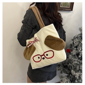Cute cartoon canvas tote bag with brown plush ears and red plaid bow for kids