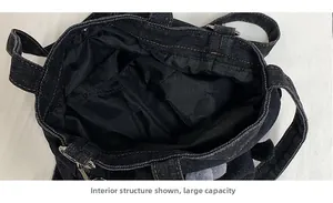 Macro view of denim bucket bag interior showing large capacity and internal pocket