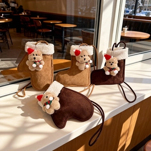 Glove Boot Shape Suede Crossbody Bag With Faux Lamb Wool Trim Cartoon Bear Pendant Christmas Winter Novelty Shoulder Bag