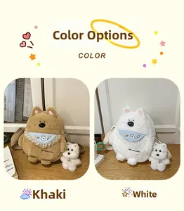 Detail of plush cartoon puppy bags in khaki and white with blue lace bib and pendant
