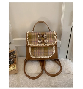 Detail of vintage plaid kids backpack featuring lace trim and cute bowknot decorations