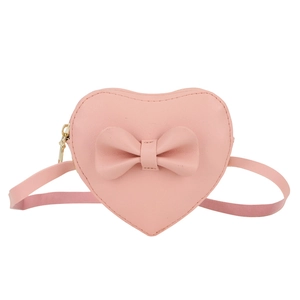Pink heart-shaped girl's crossbody bag with PU leather bow and metal zipper detail
