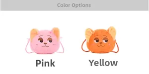 Detail view of pink and yellow plush crossbody bags with cartoon character embroidery