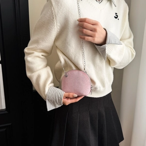 Pink tweed shell crossbody bag for kids with silver chain strap and zipper closure