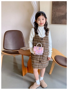 Girl's stylish plaid vest dress with fluffy bear pearl handbag and crossbody chain strap