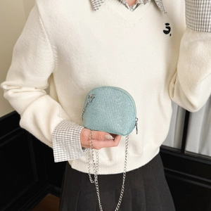 Mini macaron mint green glitter shell bag for kids with silver chain strap and zipper