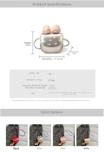 Detailed view showing material size and color options for heart shaped bow kids bag