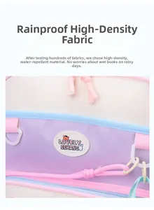 Détail du tissu imperméable haute densité et broderie sur un sac à dos scolaire coloré