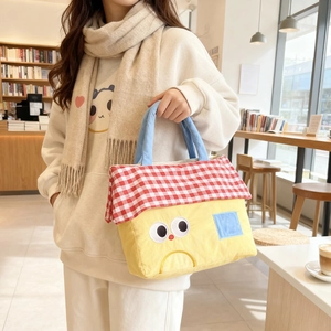 Cartoon house-shaped canvas bag for kids with red checkered lid and yellow body