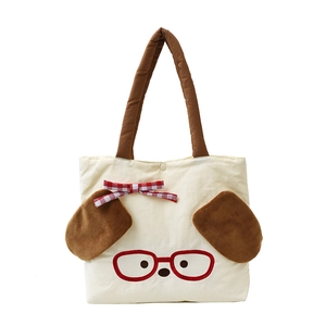 Cute cartoon puppy canvas tote bag with 3D ears and red glasses for kids