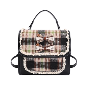 British style plaid kids backpack with lace trim and bow details in black PU finish