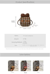 Detailed spec sheet for mini plaid crossbody bag showing dimensions and PU fabric texture