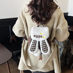Cute plush bunny backpack for women with soft fur texture and checkered ears