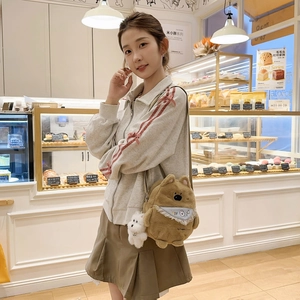 Cute brown plush bear crossbody bag for kids with lace bib and white puppy pendant