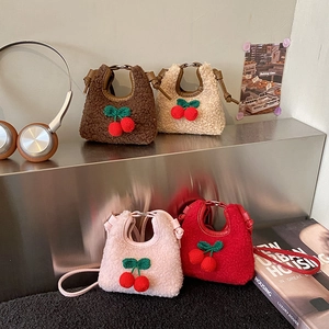 Kids Mini Plush Shoulder Bag Lamb Wool Cherry Decor Crochet Crossbody Handbag For Toddler Girls Sweet Style