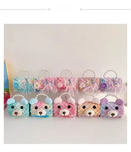 Variety collection of kids mini plush handbags with pearl handles and colorful bear designs