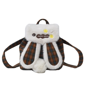 Cute Korean style plaid plush backpack with rabbit ears and Happy Days patch