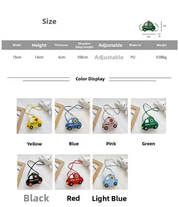 Size chart showing car-shaped kids crossbody bag dimensions and PU material specs