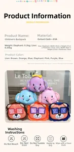 Detail of cute cartoon lion and elephant backpacks with Oxford EVA hard shell material