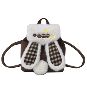 Sac à dos lapin marron mignon avec oreilles en peluche et détails à carreaux rétro