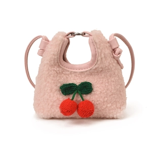 Sweet pink plush cherry shoulder bag for kids with handmade crochet fruit decoration