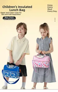 Dual-layer insulated lunch bag for kids with space rocket and cute cat patterns