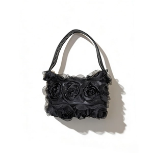 Sac à main noir élégant avec motif de rose 3D et poignée en cuir lisse raffiné