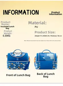 Detail view of blue PU space lunch bag showing astronaut patterns and product dimensions