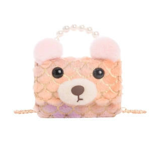 Pink plush bear girls handbag with pearl handle and golden chain shoulder strap